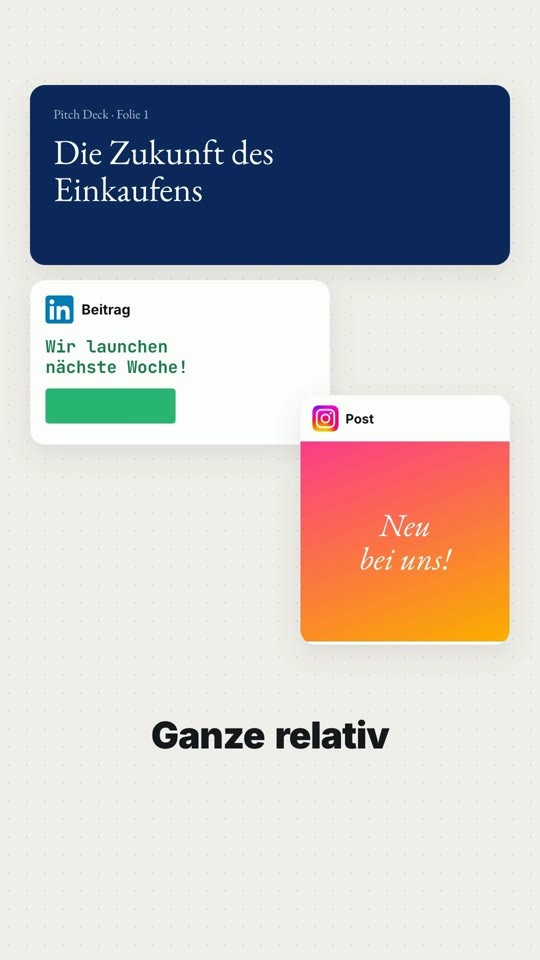 Dropcut-Short: Grafik mit Pitch-Deck, LinkedIn-Beitrag und Instagram-Post, Untertitel mit Schlüsselwort